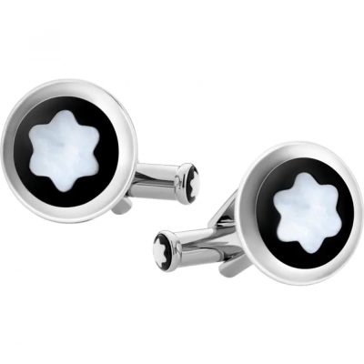 Cufflinks In Steel, PVD Mother Of Pearl Snowcap Emblem